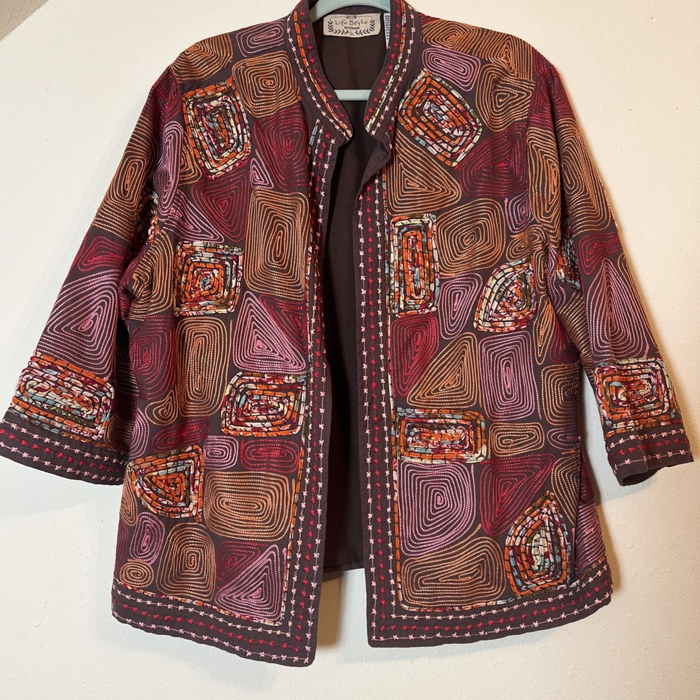 Life Style Woman 1X Embroidered Cotton Jacket Brown Multicolor India Boho